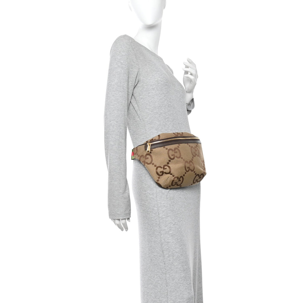 Monogram Jumbo GG Textured Dollar Calfskin Web Belt Bag Camel Ebony New Acero