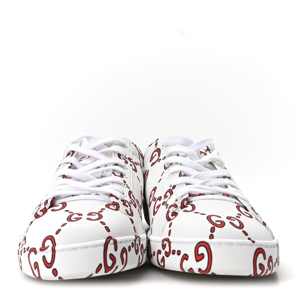 Calfskin GucciGhost Print Womens Ace Sneakers 40.5 White Hibiscus Red