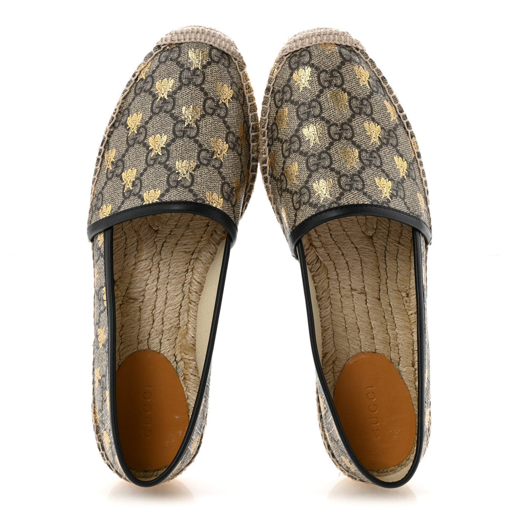 GG Supreme Monogram Bees Espadrille Flats 38 Beige Ebony Oro Black