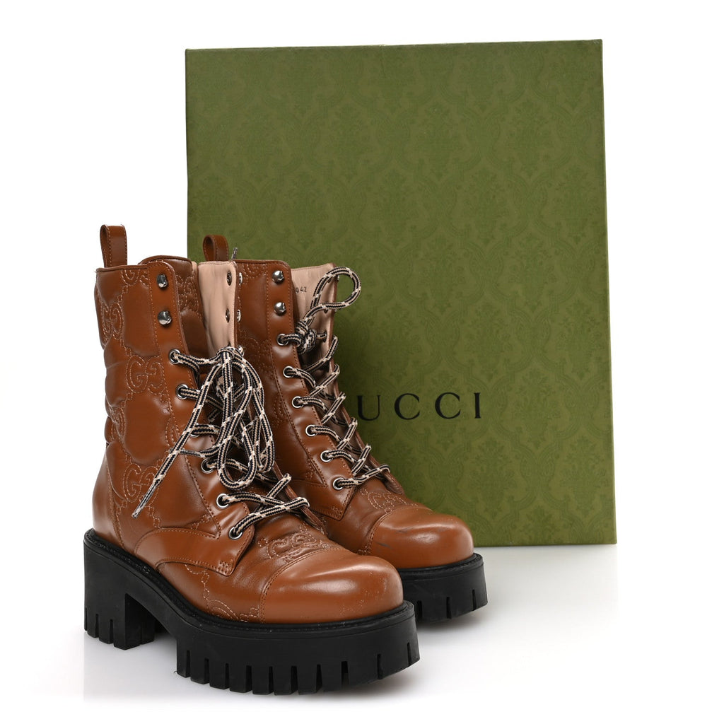 Cordovan Lux Nappa GG Matelasse Lace Up 60mm Combat Boots 36 Dark Hazel Brown