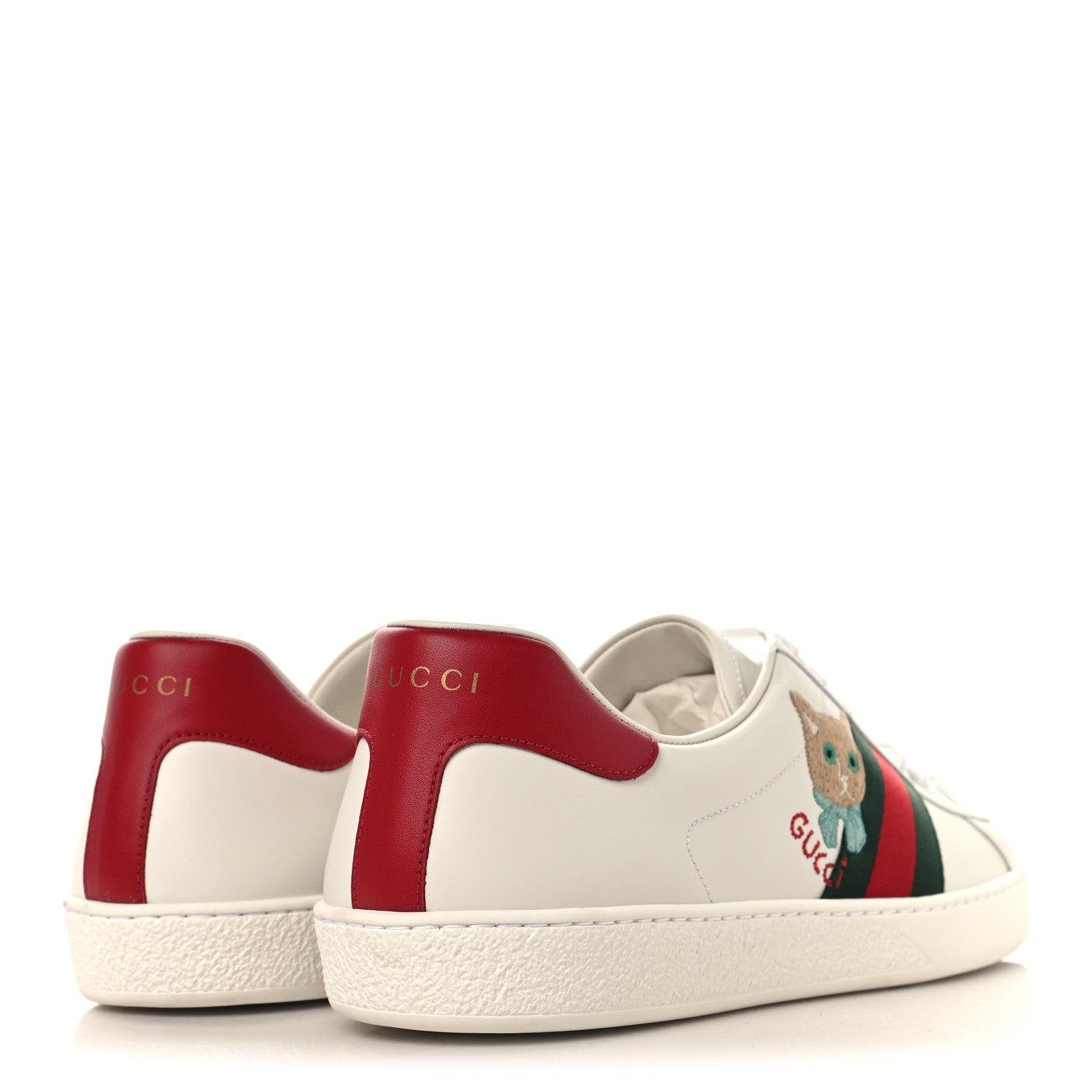 Calfskin Cat Embroidered Mens Ace Sneakers 12 White Green