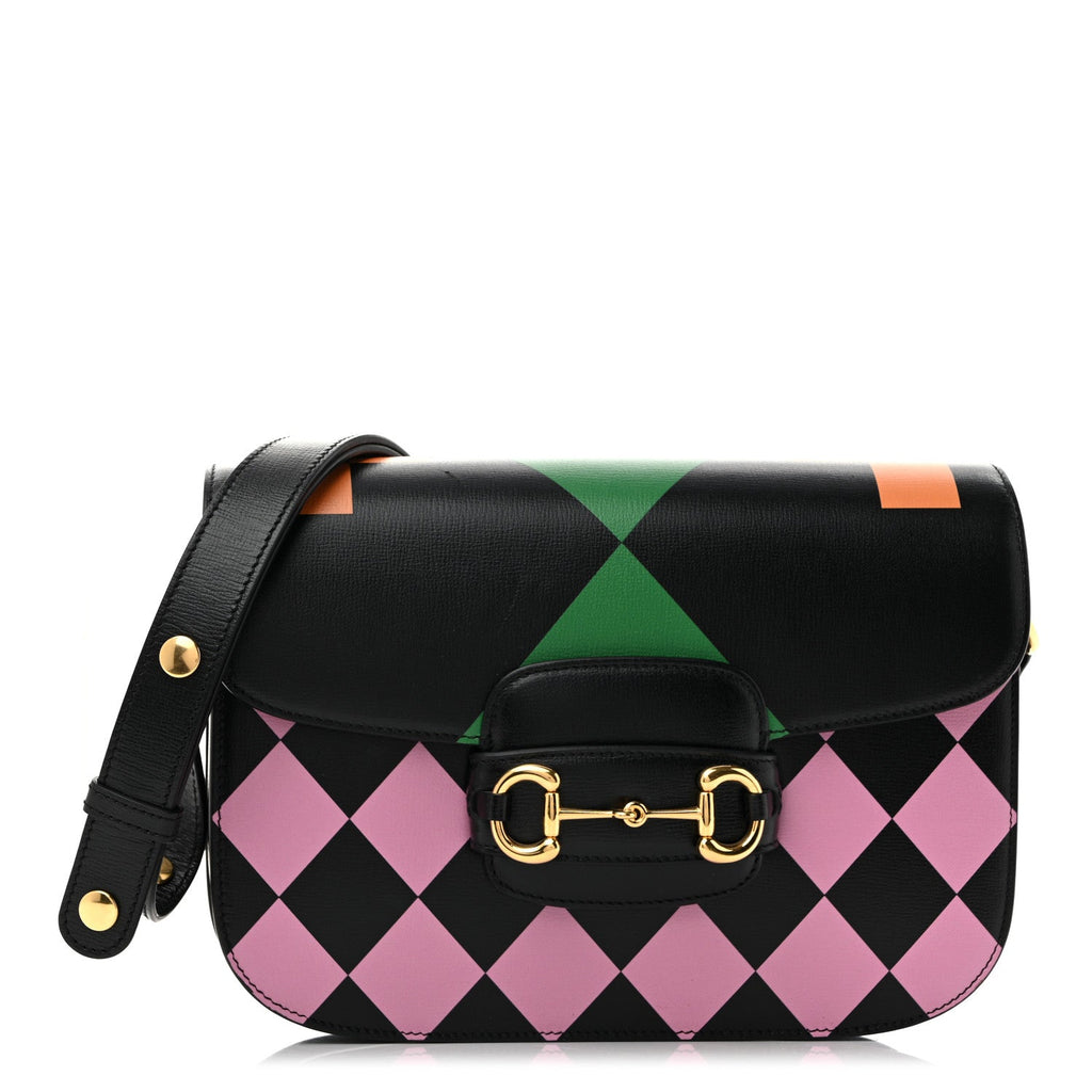 Textured Calfskin Geometric Print Horsebit 1955 Shoulder Bag Black Multicolor