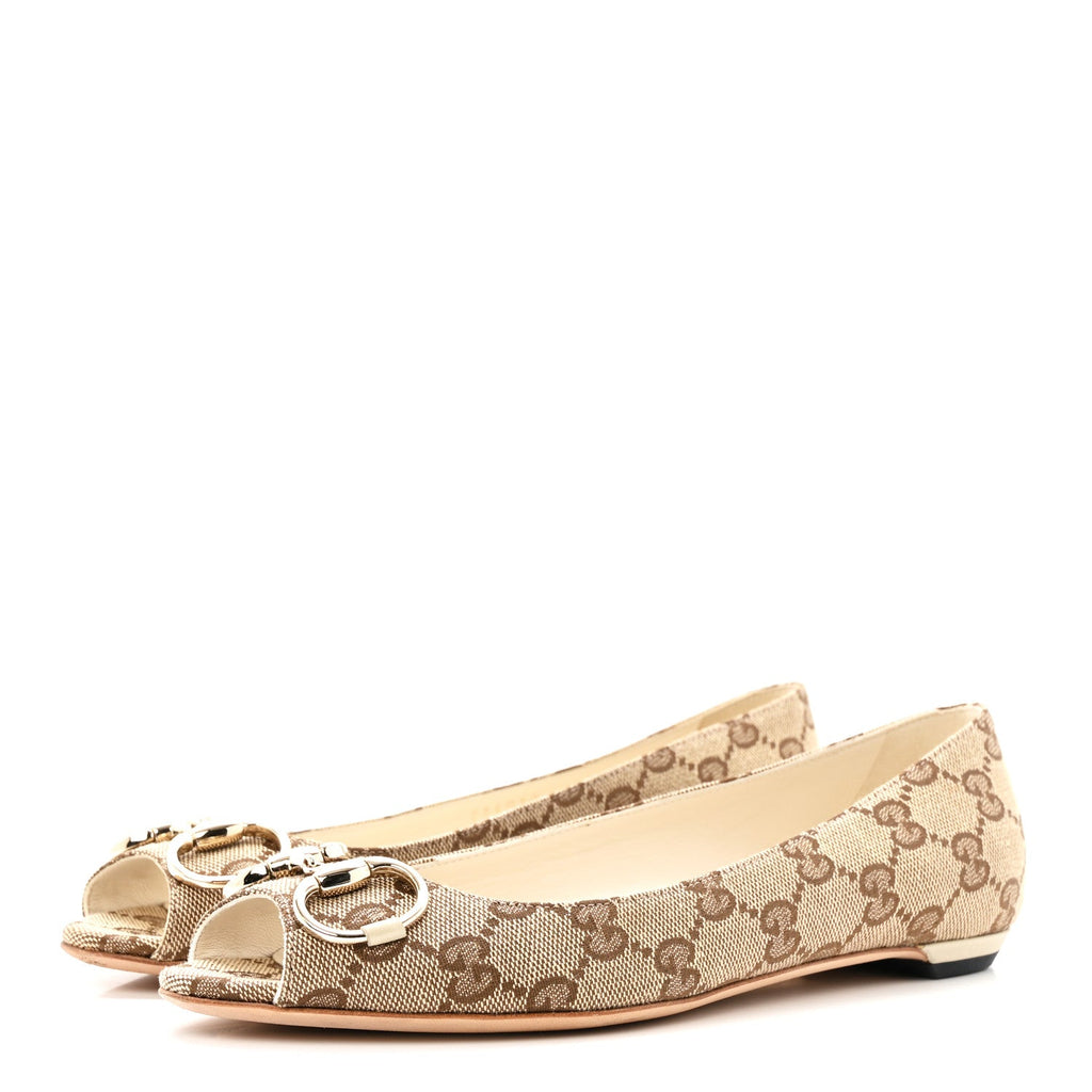 Monogram Miro Soft Calfskin Womens Horsebit Peep Toe Flats 6 Beige Ebony Mystic White