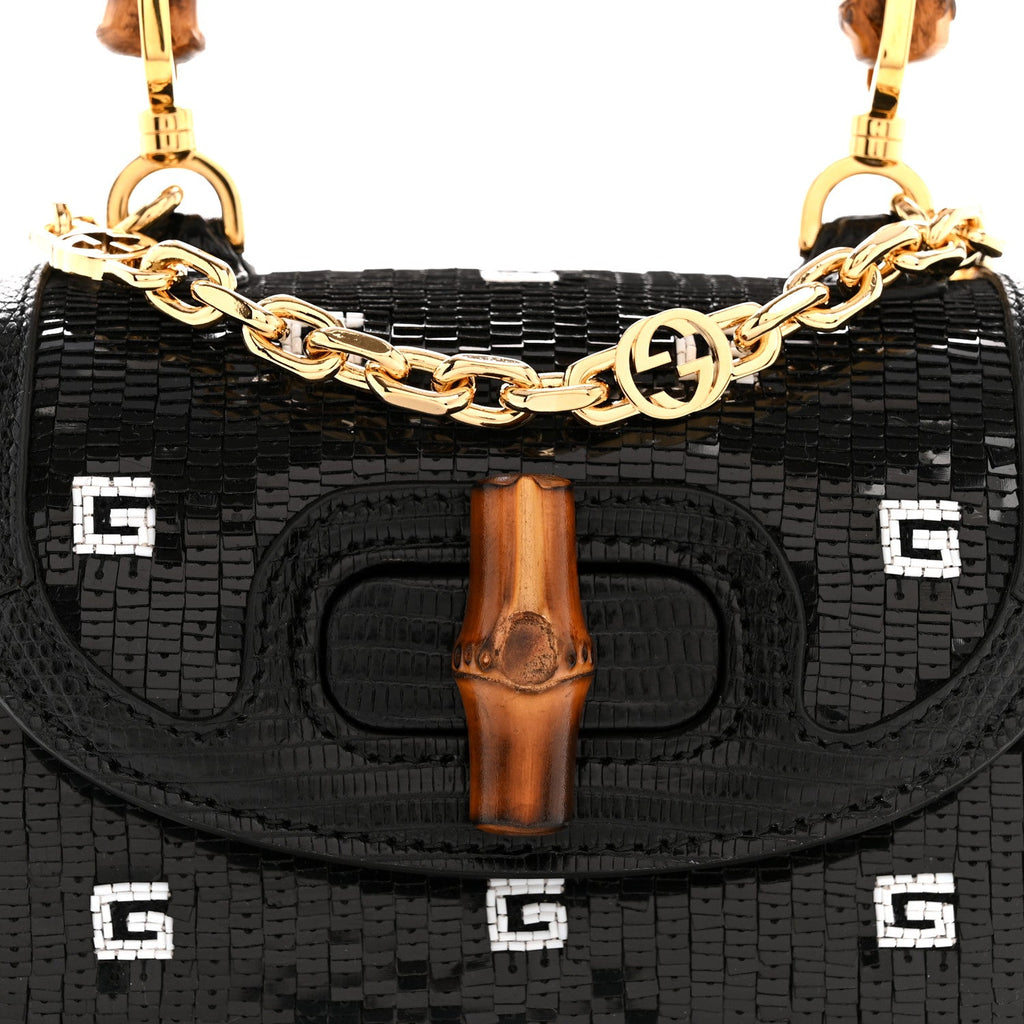 Sequin Lizard Embossed GG Mini Bamboo 1947 Top Handle Chain Bag Black White