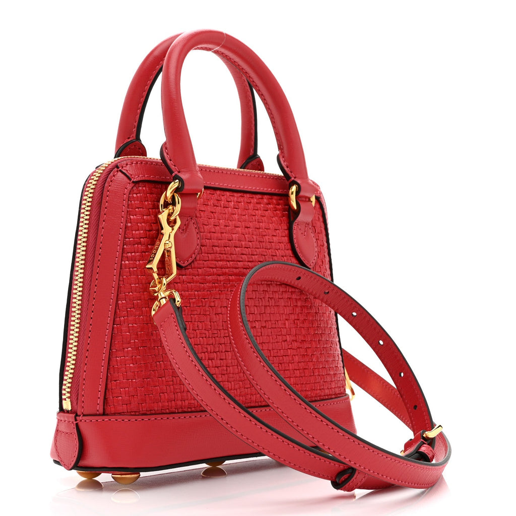 Straw Azalea Calfskin Woven Mini Horsebit 1955 Top Handle Bag Coral Wave Black