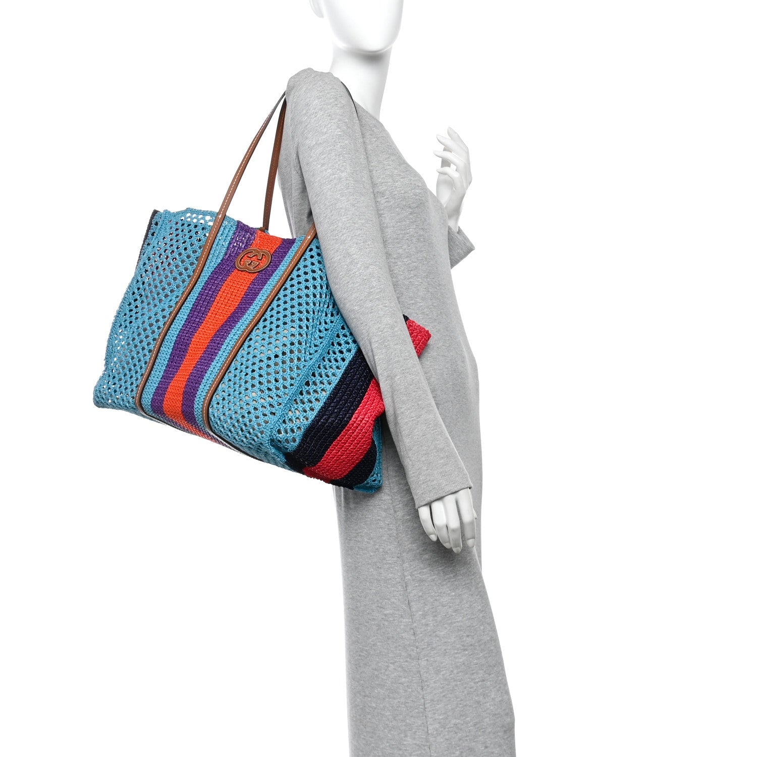 Raffia Web Woven Interlocking G Tote Blue Multicolor