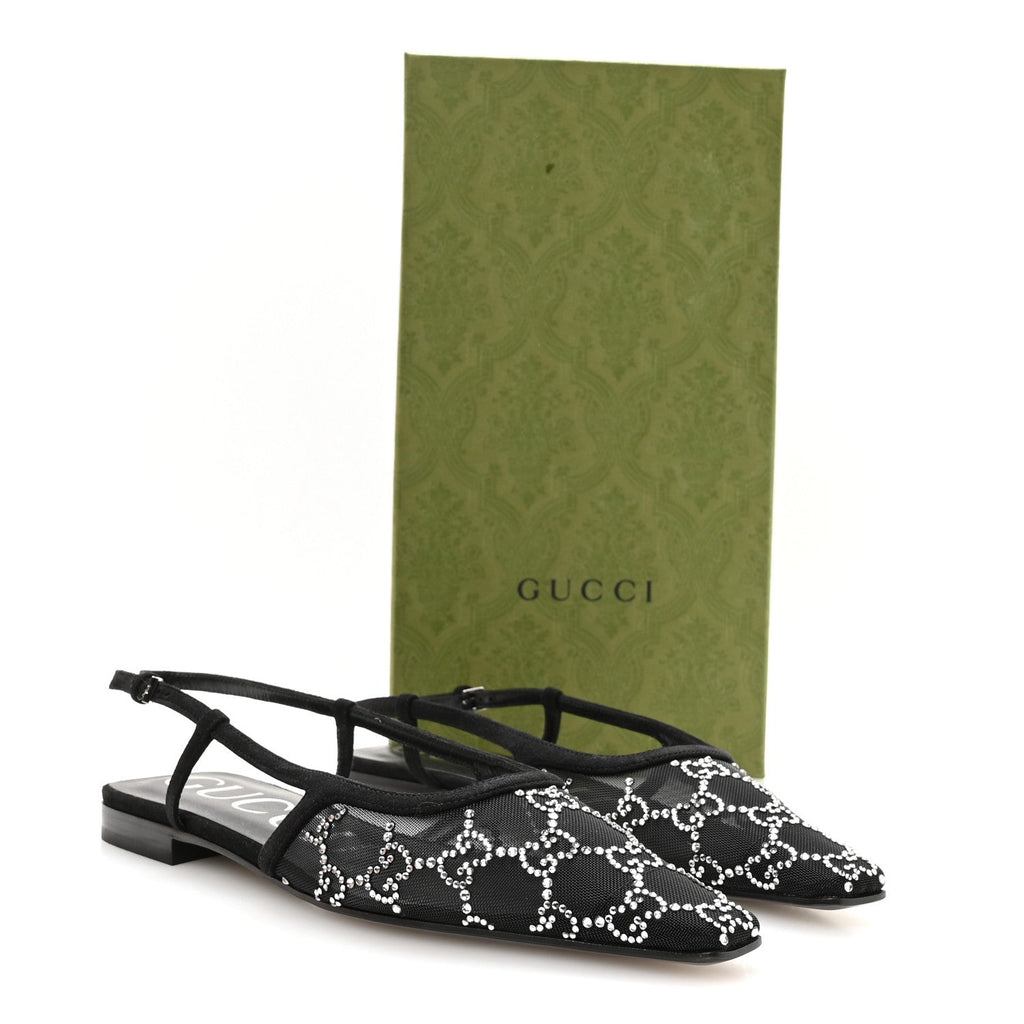 Tela Retino Kid Scamosciato Crystal GG Monogram Square G Slingback Flat 37 Black