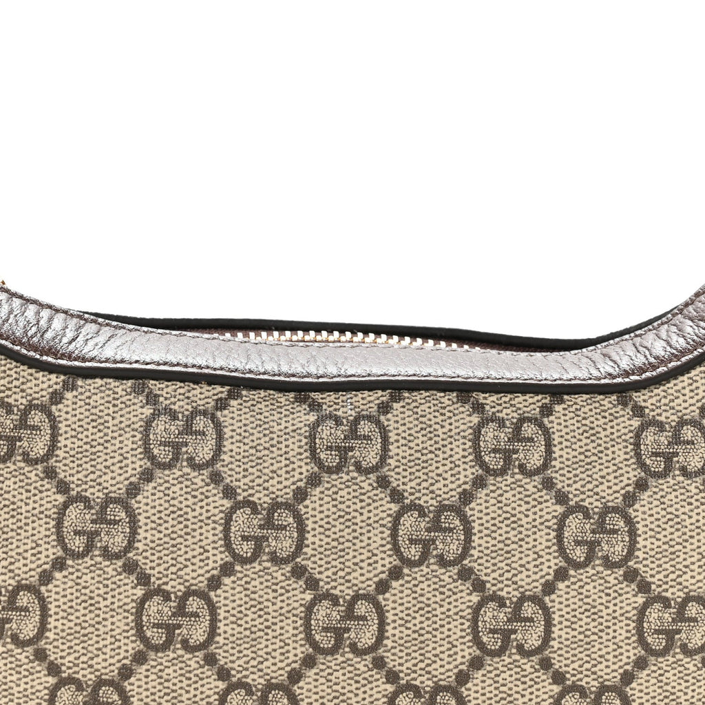 GG Supreme Monogram Textured Calfskin Web Mini Ophidia Half Moon Hobo Beige Ebony New Acero