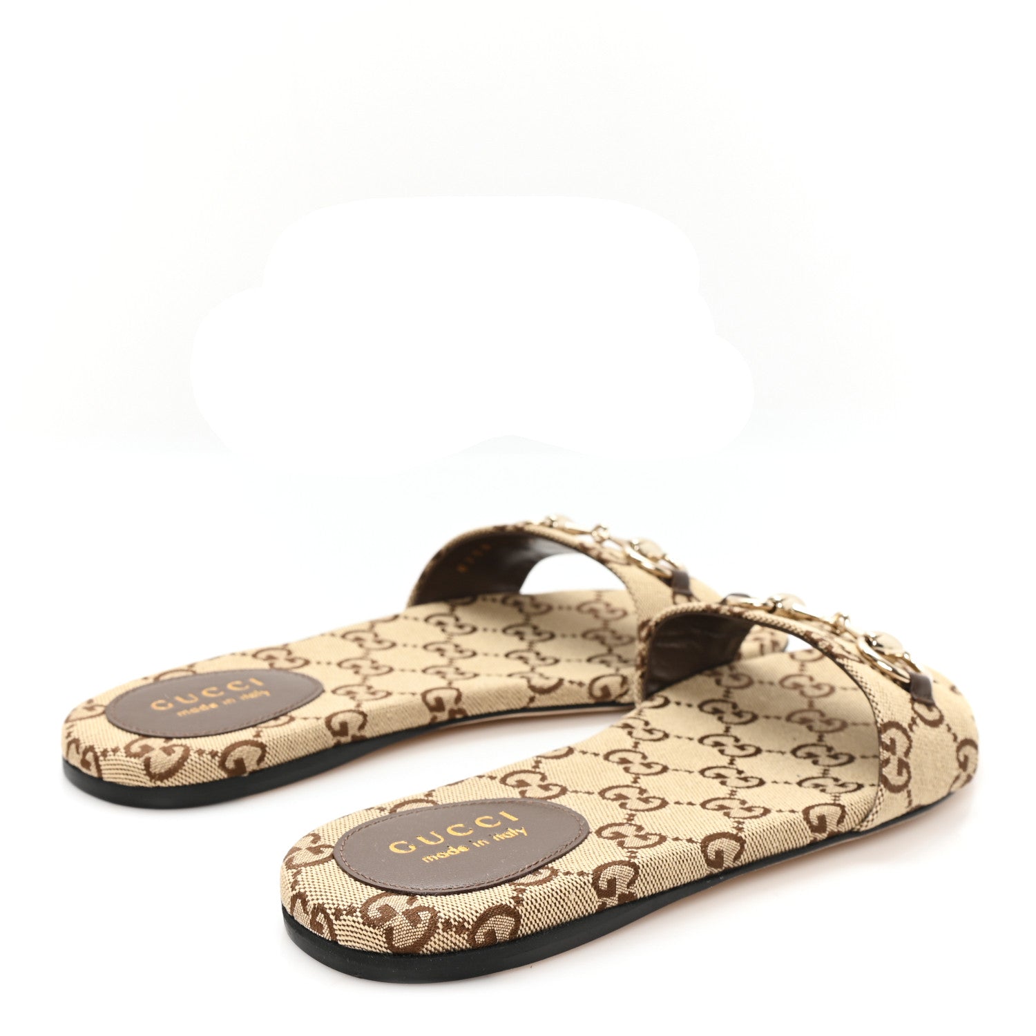 Monogram Horsebit Slide Sandals 37 Camel Ebony