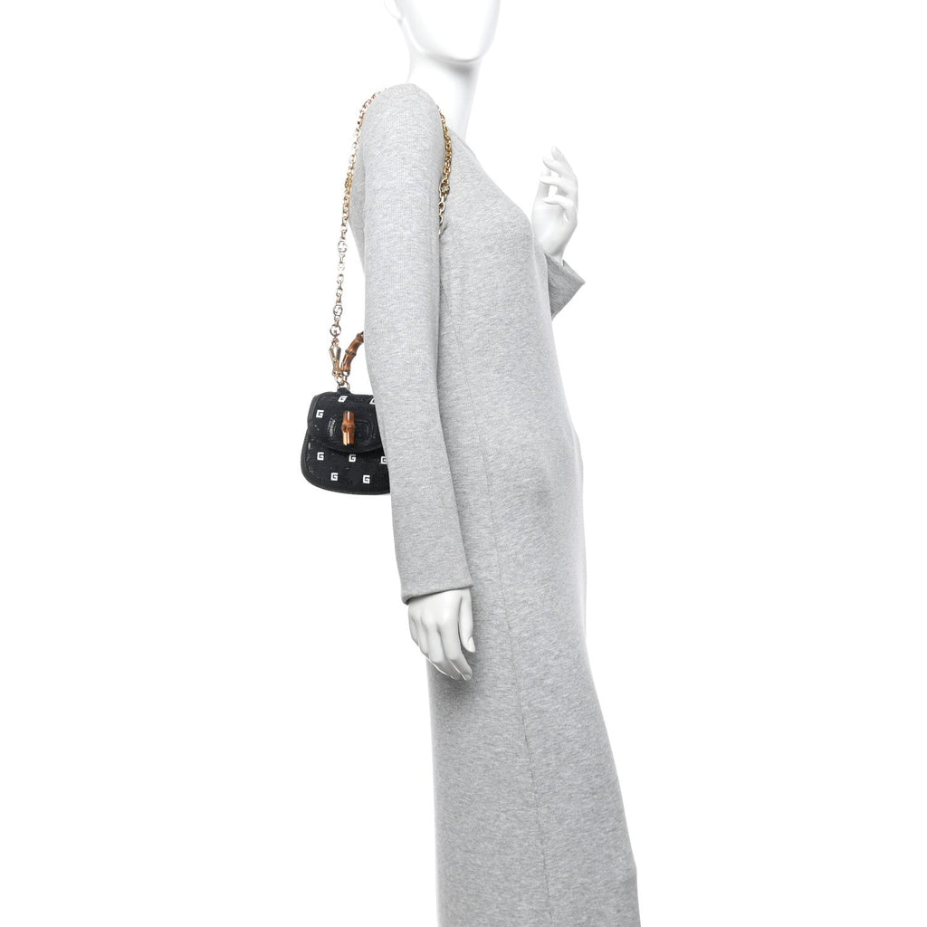Sequin Lizard Embossed GG Mini Bamboo 1947 Top Handle Chain Bag Black White