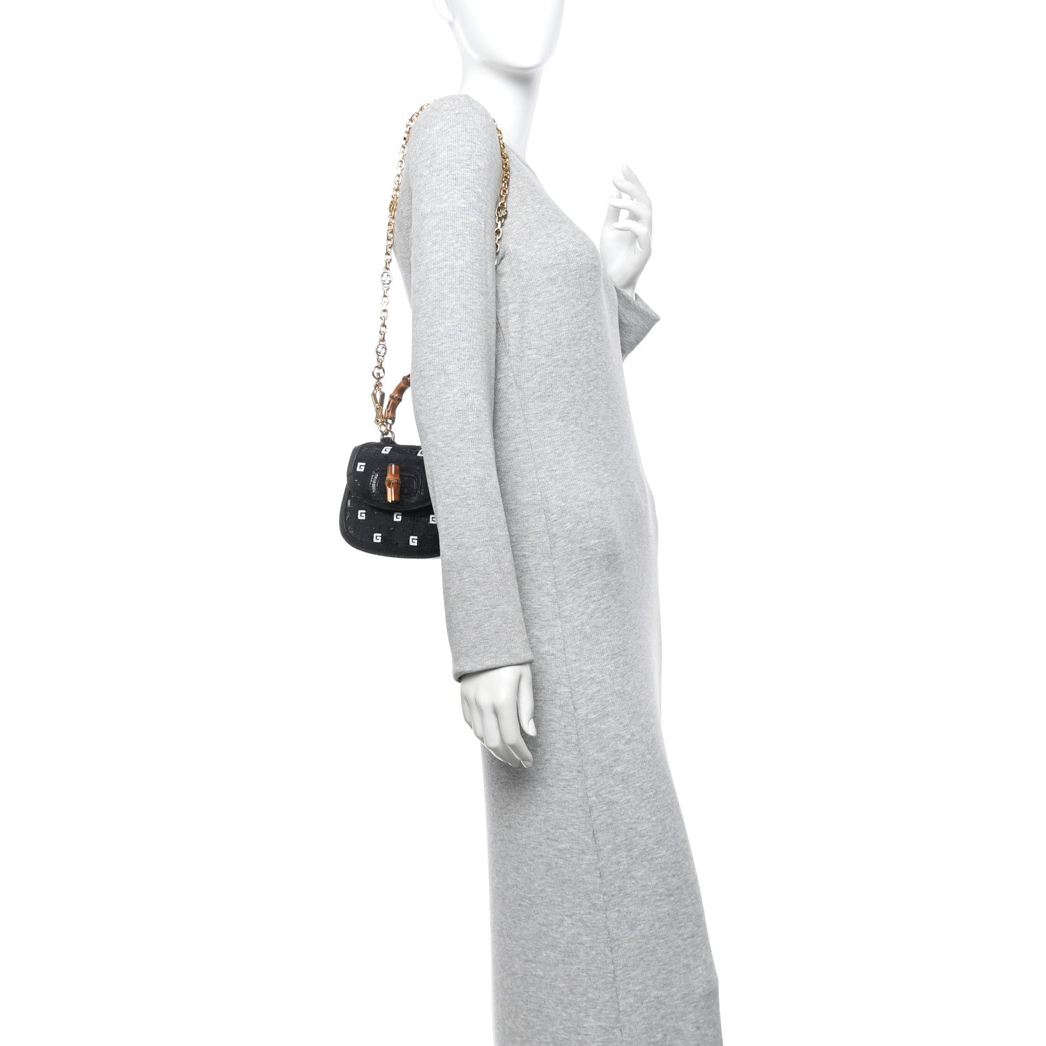 Sequin Lizard Embossed GG Mini Bamboo 1947 Top Handle Chain Bag Black White