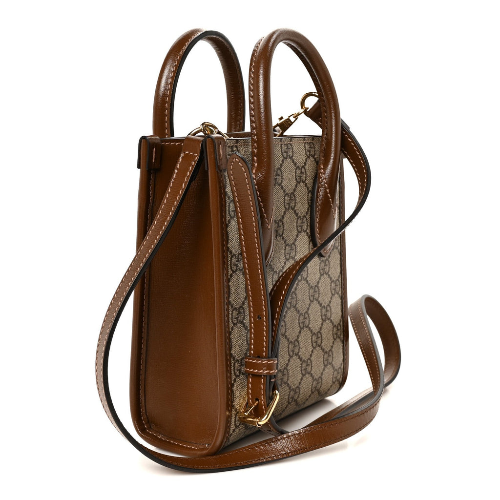 GG Supreme Monogram Azalea Calfskin Mini Retro Interlocking G Tote Bag Beige Ebony Brown Sugar
