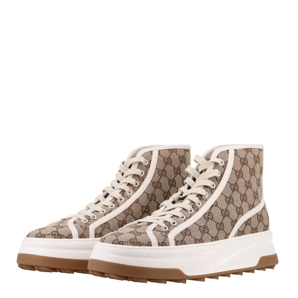 GG Monogram Mens 1977 Tennis High Top Platform 55mm Sneakers 9 Beige Ebony Mystic White