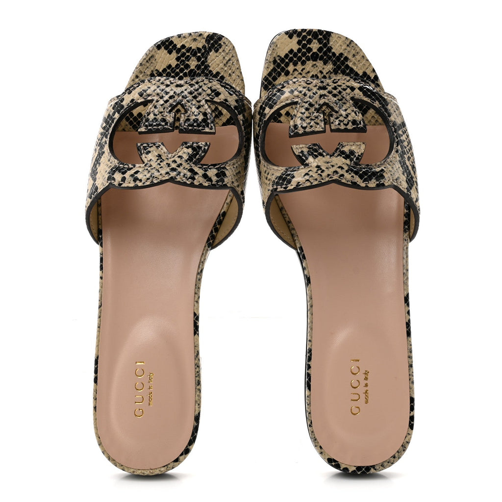 Calfskin Python Print Interlocking G Cut Out Slide Sandals 38.5 Beige Avana