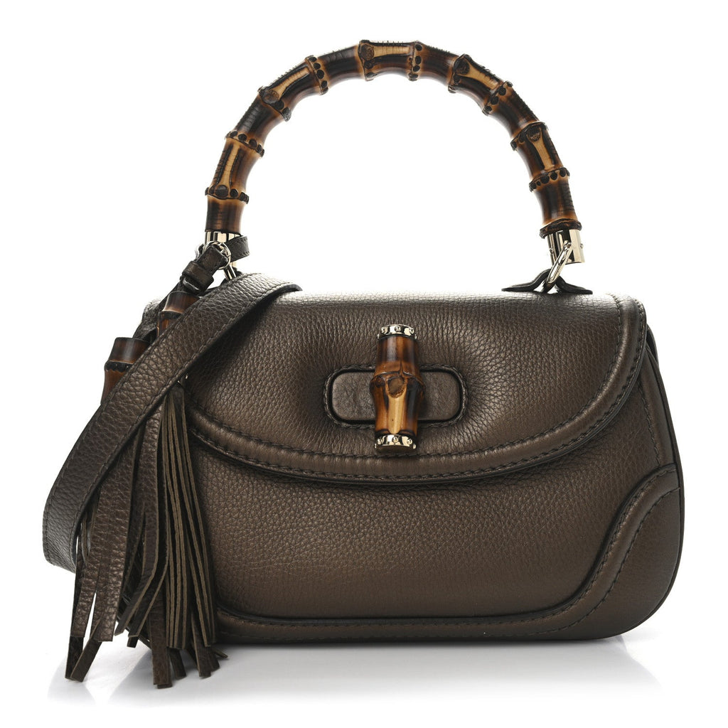 Metallic Calfskin Medium New Bamboo Top Handle Bag Bronze