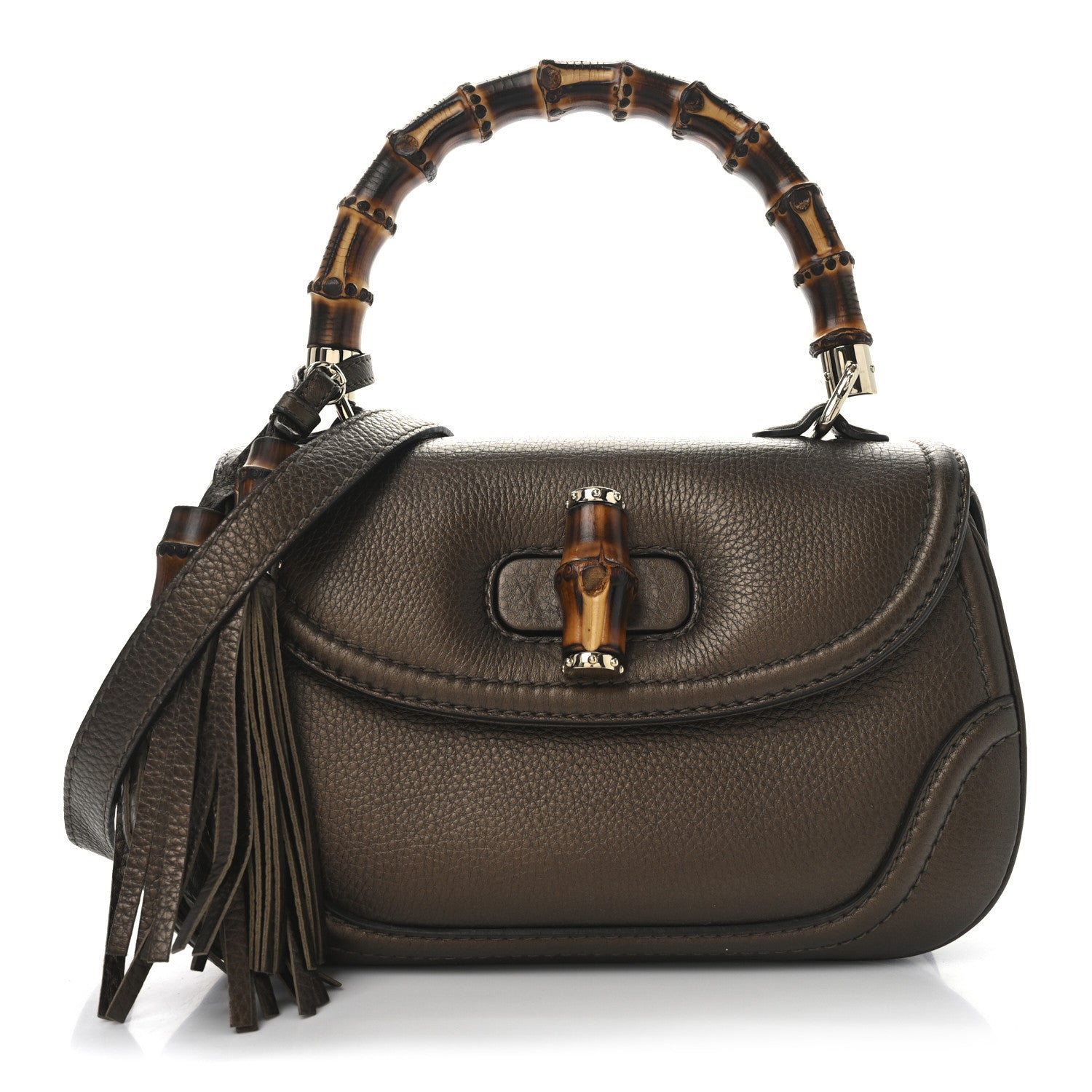 Metallic Calfskin Medium New Bamboo Top Handle Bag Bronze