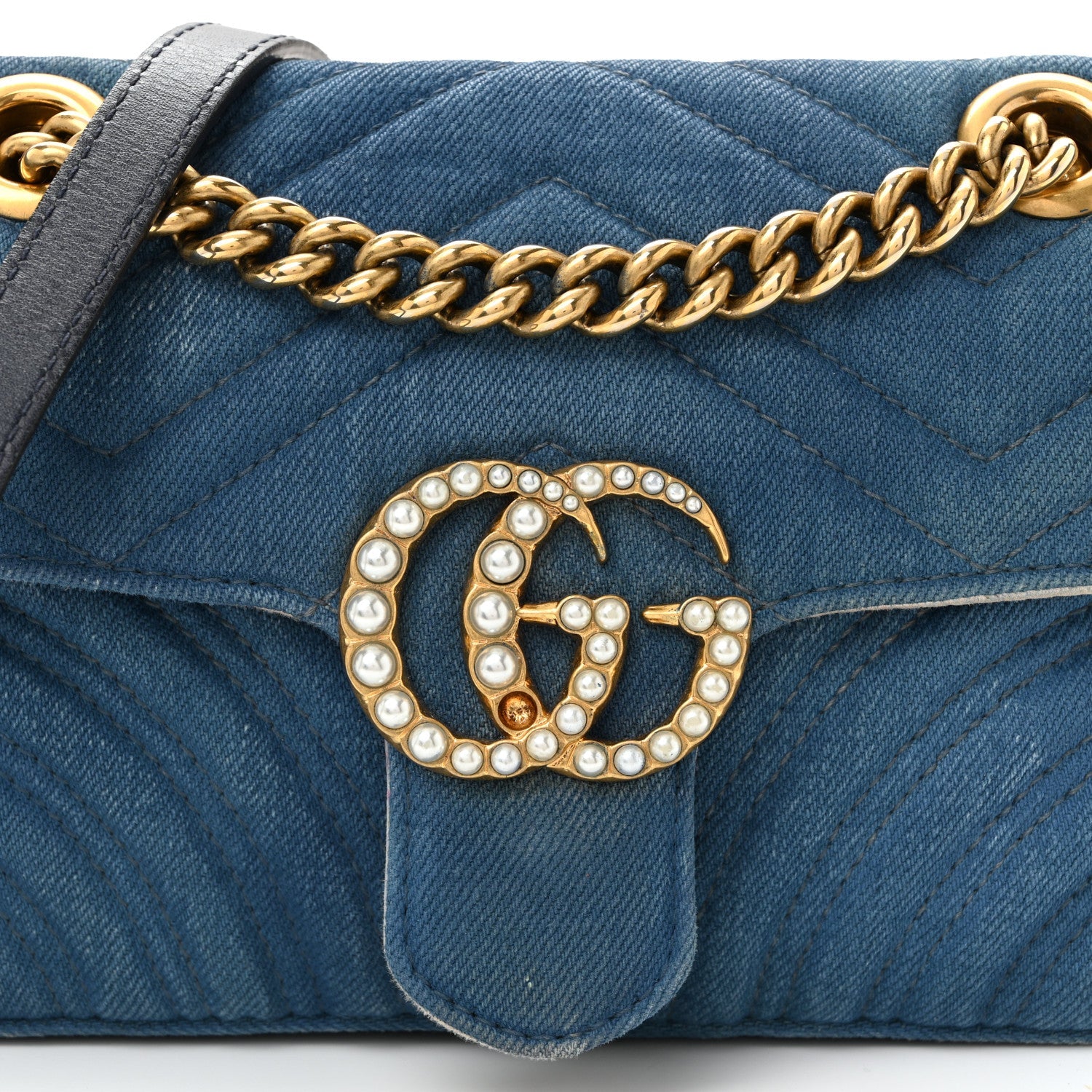 Denim Matelasse Mini Pearly GG Marmont Shoulder Bag Blue