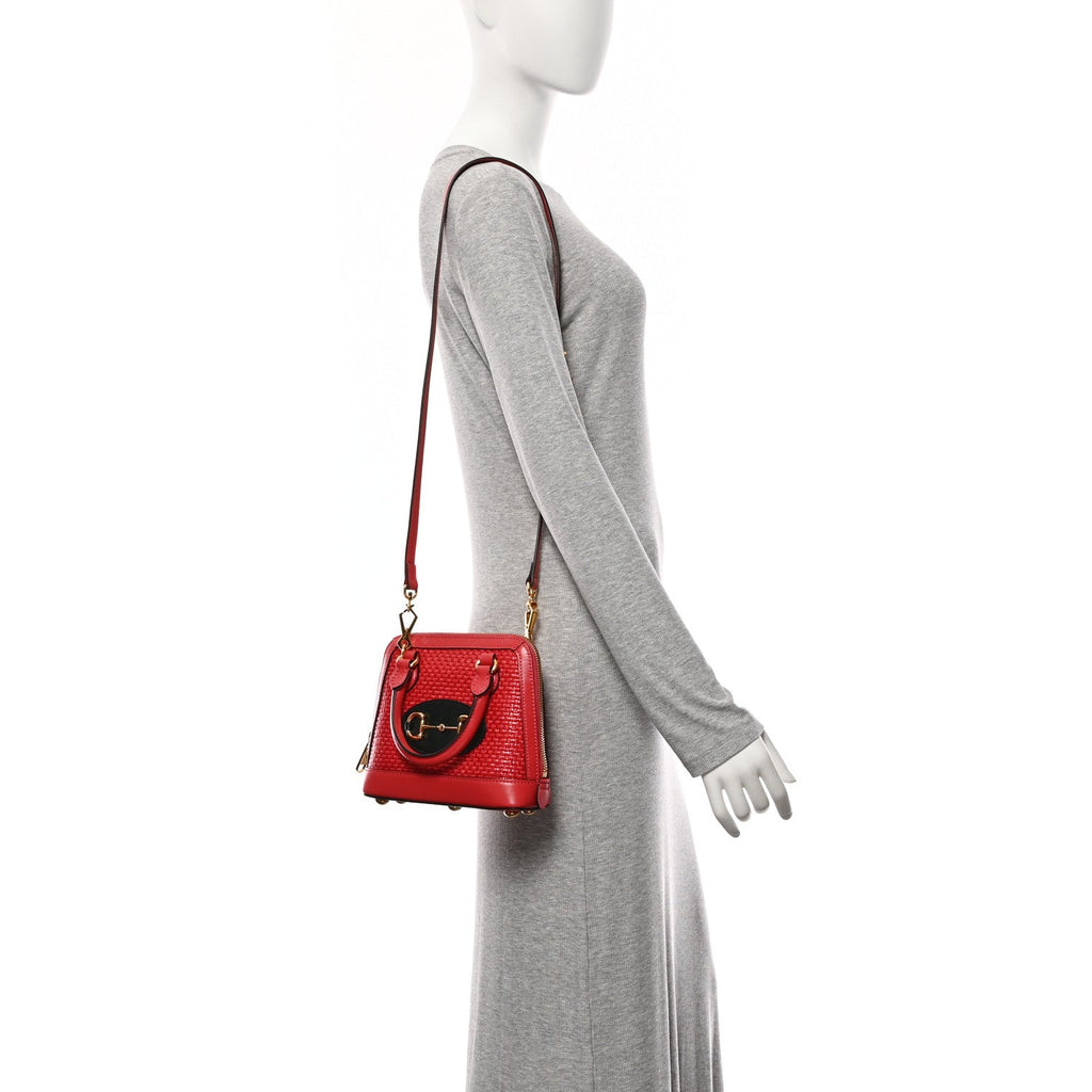 Straw Azalea Calfskin Woven Mini Horsebit 1955 Top Handle Bag Coral Wave Black