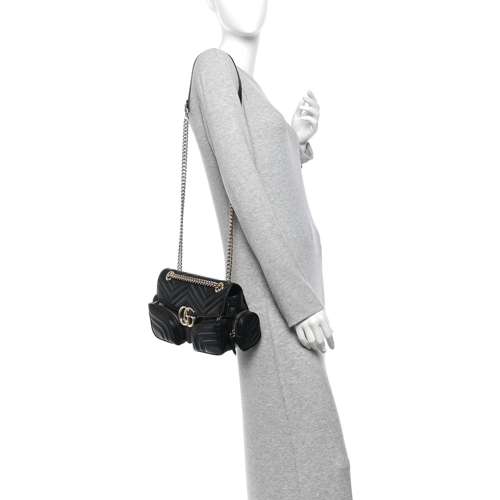 Calfskin Matelasse Small GG Marmont Multi Pocket Shoulder Bag Black