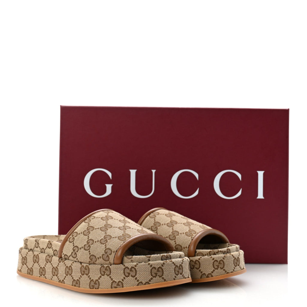 Original GG Canvas Monogram Womens GG Platform Sandals 38.5 Beige Ebony Sundial