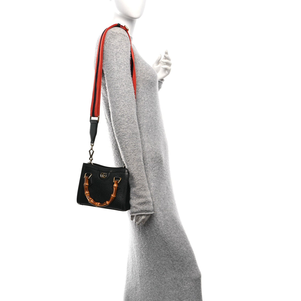 Textured Dollar Calfskin Web Mini Diana Tote Bag Black Dusty Grey