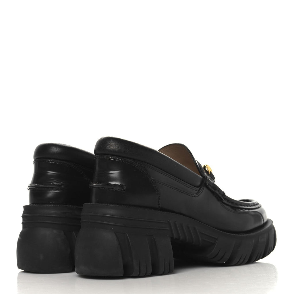 Magnum Calfskin Nappa Samoa Womens Horsebit Platform Chunky Lug Sole 40mm Loafers 38.5  Black