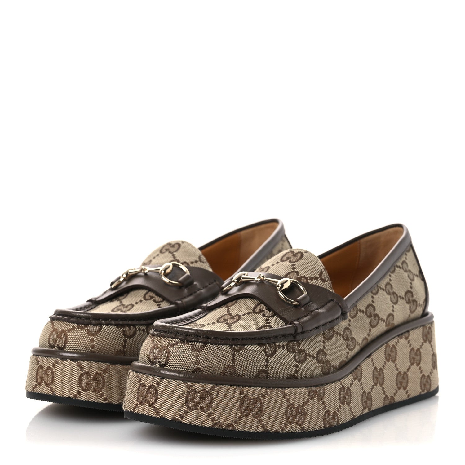 Monogram Horsebit Calfskin Womens Horsebit Wedge Platform Loafers 37 Beige Ebony