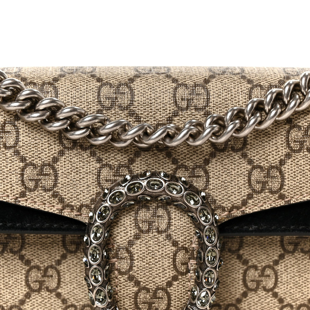 GG Supreme Monogram Suede Crystal Small Dionysus Shoulder Bag Beige Ebony Black