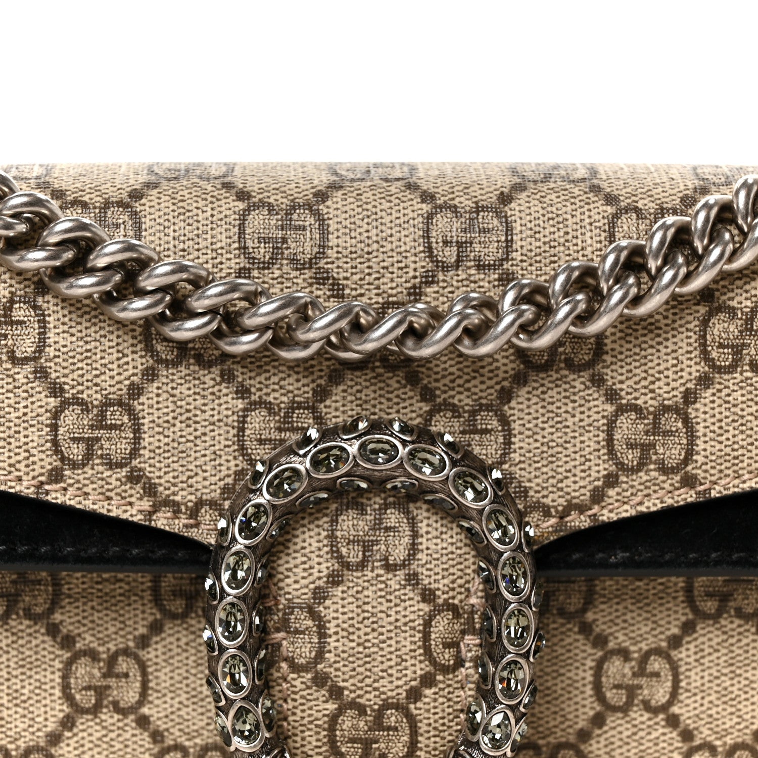 GG Supreme Monogram Suede Crystal Small Dionysus Shoulder Bag Beige Ebony Black