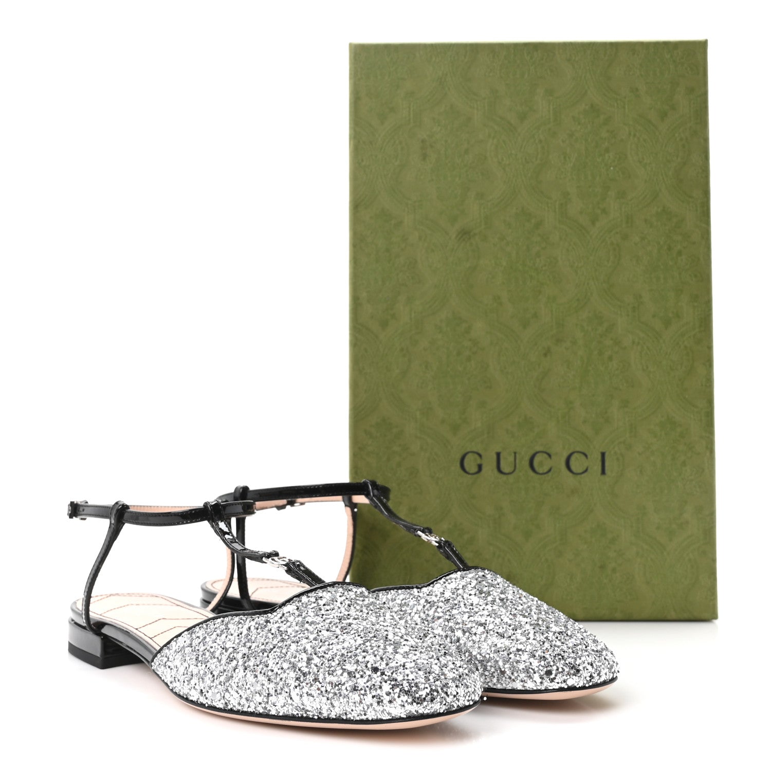 Calfskin Glitter Double G Slingback Flats 37 Silver Black