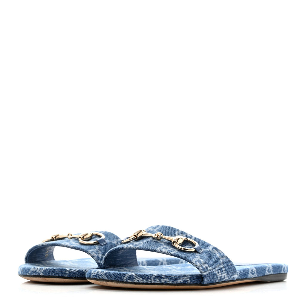 New Denim GG Monogram Horsebit Flat Slide Sandals 36 Blue