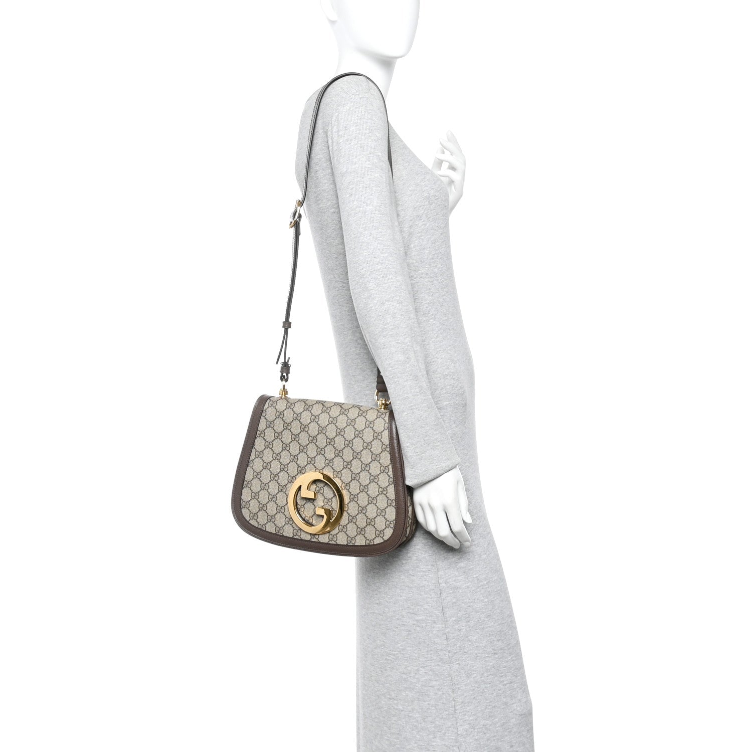 GG Supreme Monogram Textured Dollar Calfskin Web Medium Blondie Shoulder Flap Bag Beige Ebony New Acero