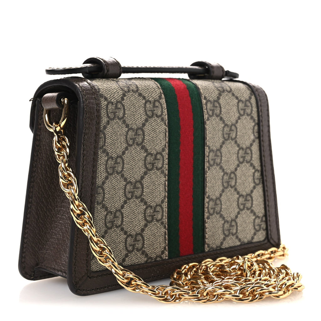 GG Supreme Monogram Textured Dollar Calfskin Web Mini Ophidia Padlock Top Handle Chain Shoulder Bag Beige Ebony New Acero