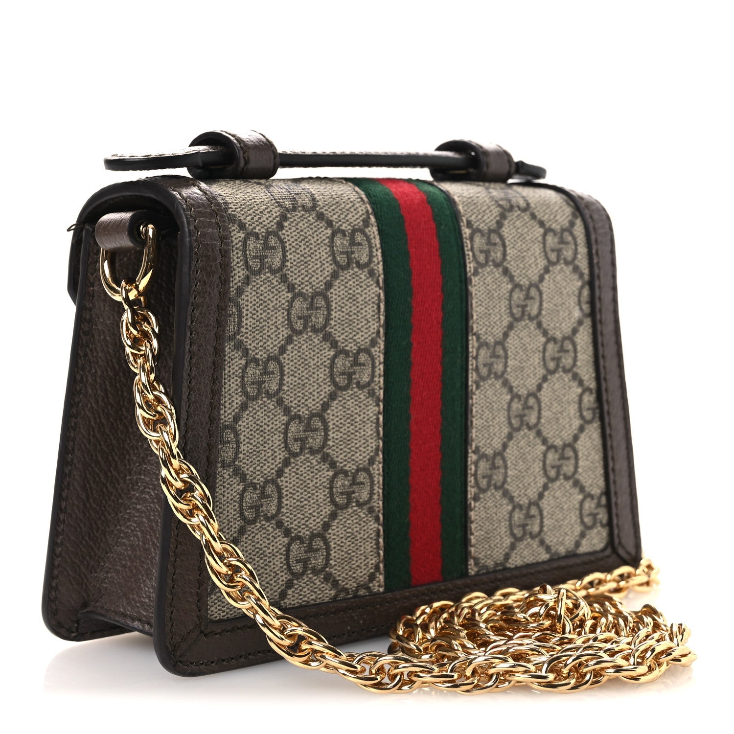 GG Supreme Monogram Textured Dollar Calfskin Web Mini Ophidia Padlock Top Handle Chain Shoulder Bag Beige Ebony New Acero