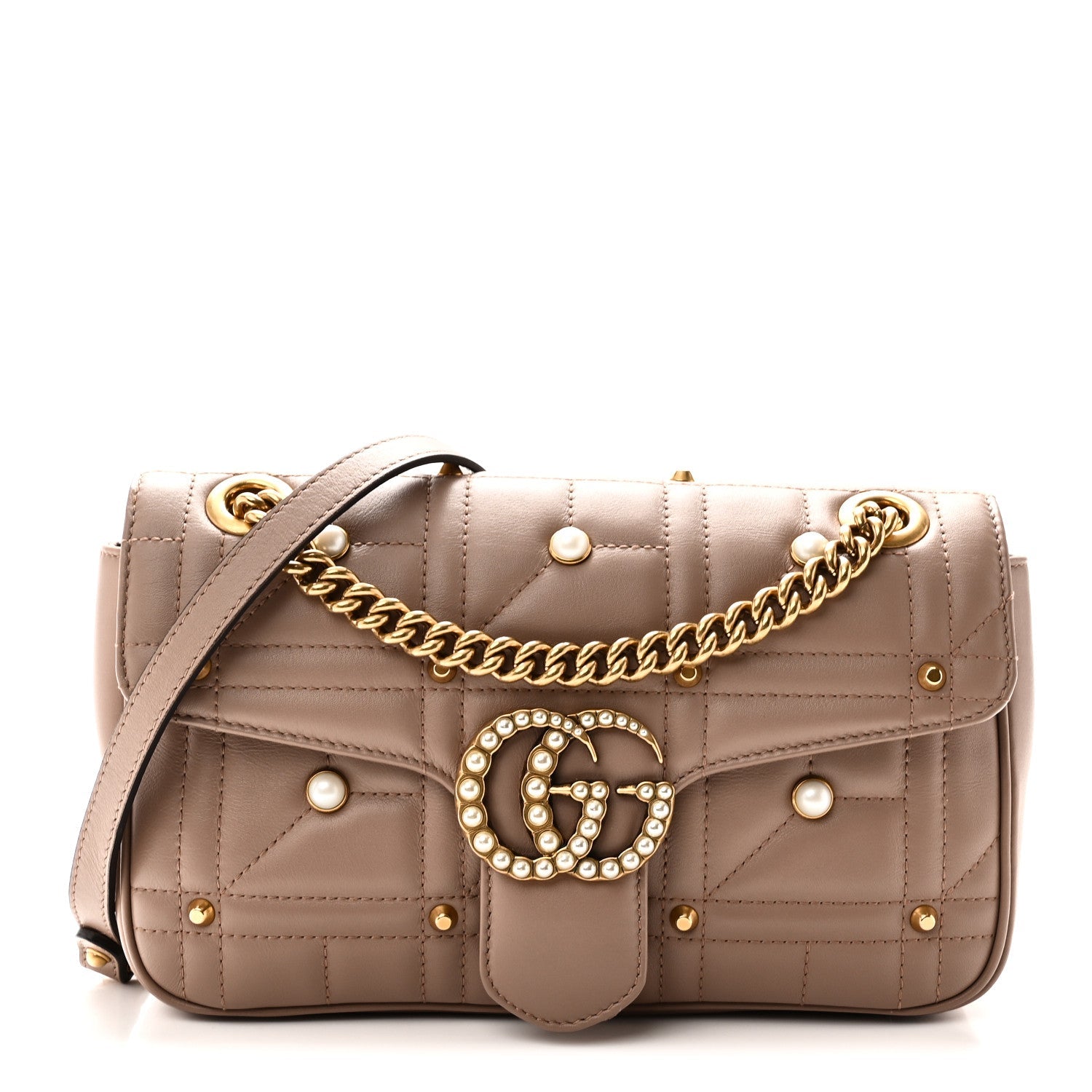 Calfskin Matelasse Studded Small Pearly GG Marmont Shoulder Bag Porcelain Rose