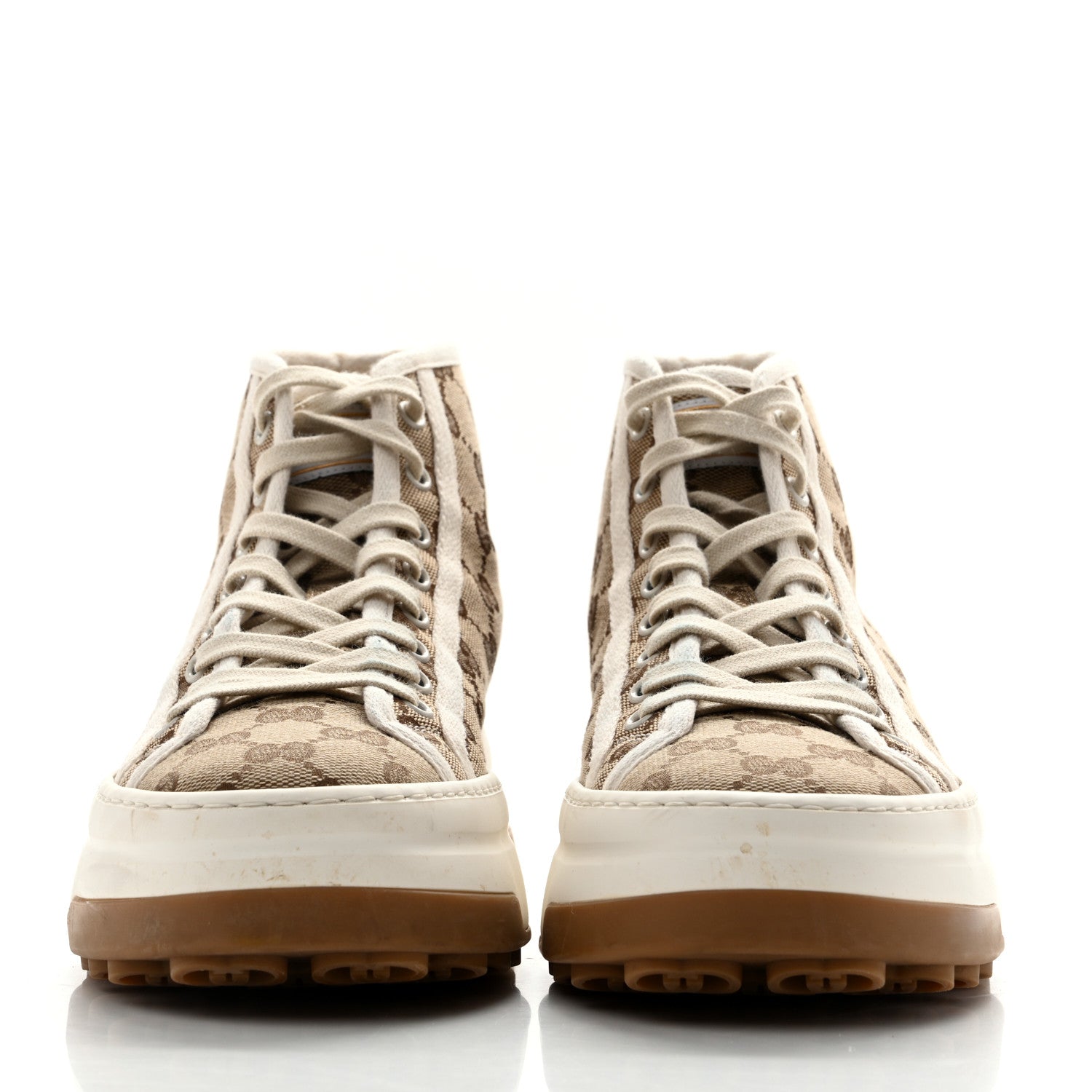 New Canvas GG Monogram Womens Tennis 1977 High Top 55mm Platform Sneakers 38.5 Beige Ebony Mystic White