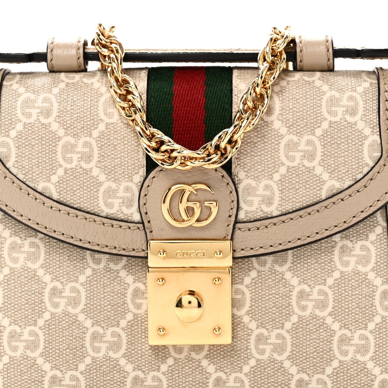 GG Supreme Monogram Textured Dollar Calfskin Web Mini Ophidia Padlock Top Handle Chain Shoulder Bag Beige Mystic White Oatmeal