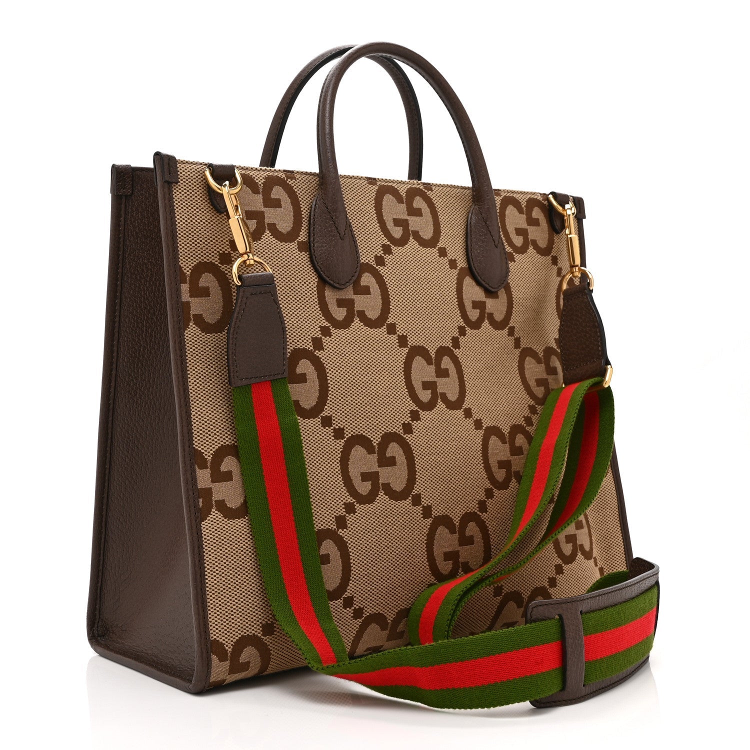Monogram Jumbo GG Textured Dollar Calfskin Web Tote Bag Camel Ebony New Acero