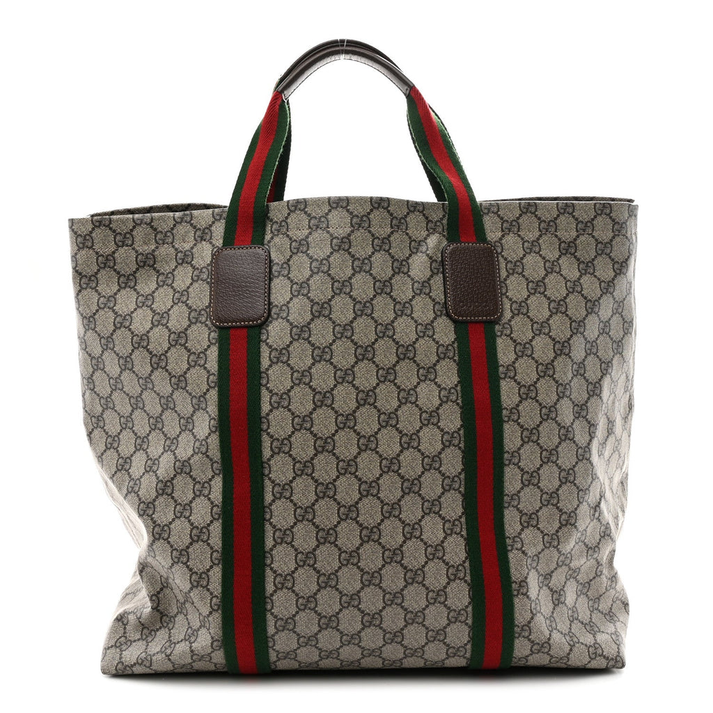 Tender GG Supreme Monogram Textured Dollar Calfskin Web Tote Beige Ebony New Acero