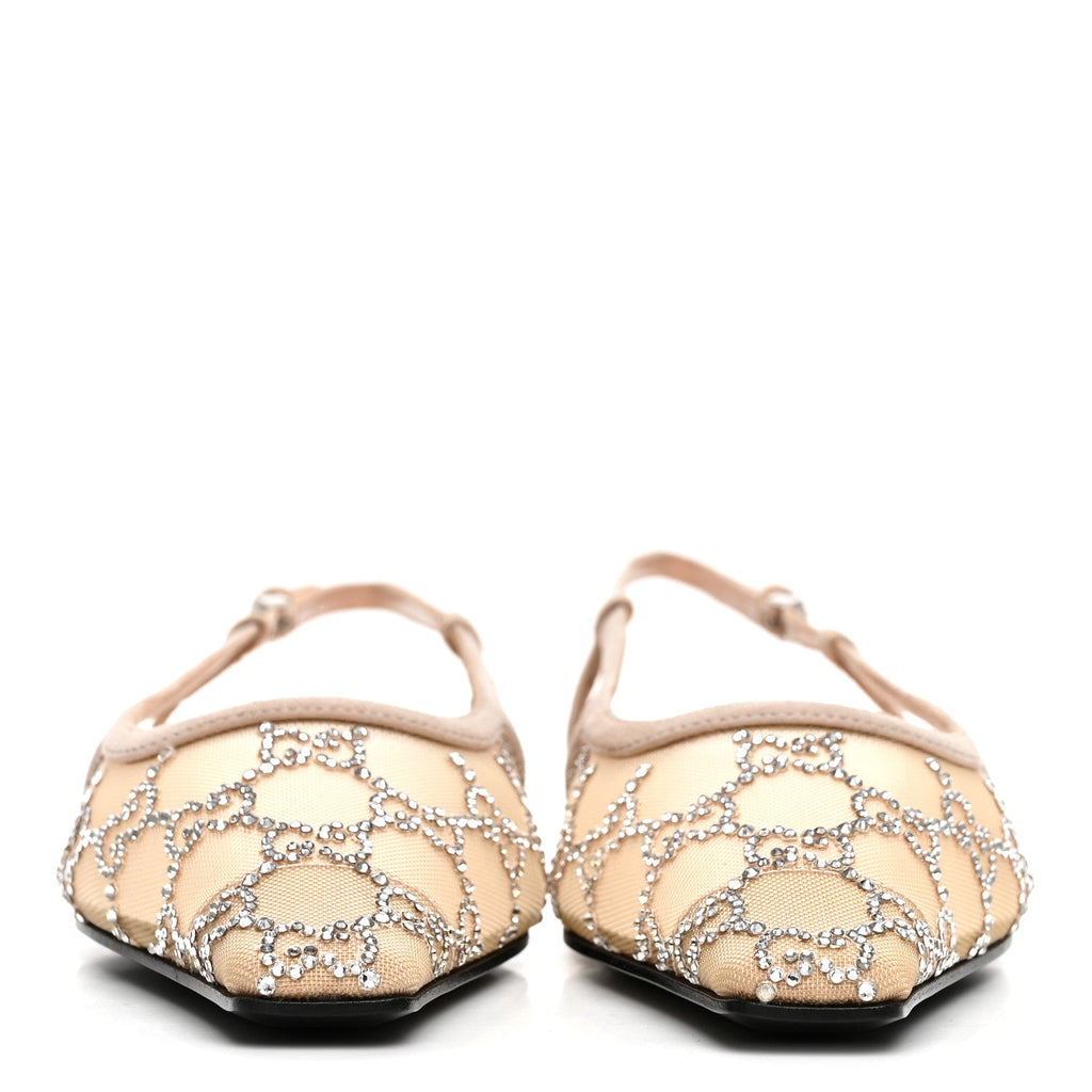 Suede Mesh Crystal GG Monogram Slingback Ballet Flats 37 Light Powder Skin Rose