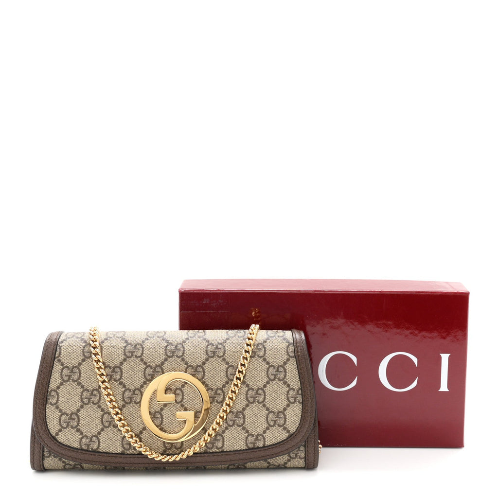 GG Supreme Monogram Textured Dollar Calfskin Blondie Continental Chain Wallet Beige Ebony New Acero