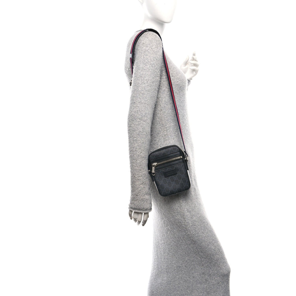 GG Supreme Monogram Appia Calfskin Web Small Camera Messenger Bag Black Grey