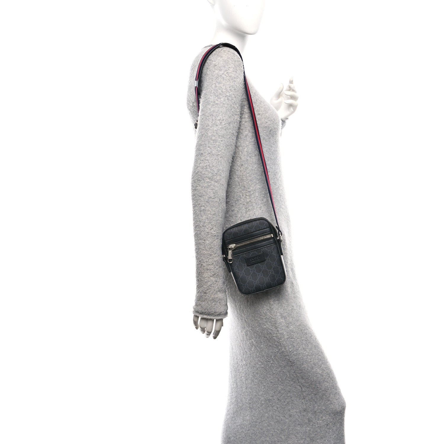GG Supreme Monogram Appia Calfskin Web Small Camera Messenger Bag Black Grey