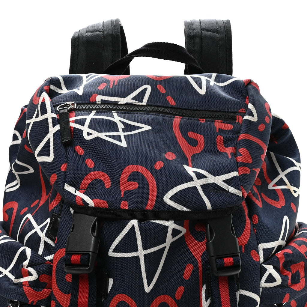Techno Canvas GucciGhost Double Buckle Backpack Blue Agata Hibiscus Red