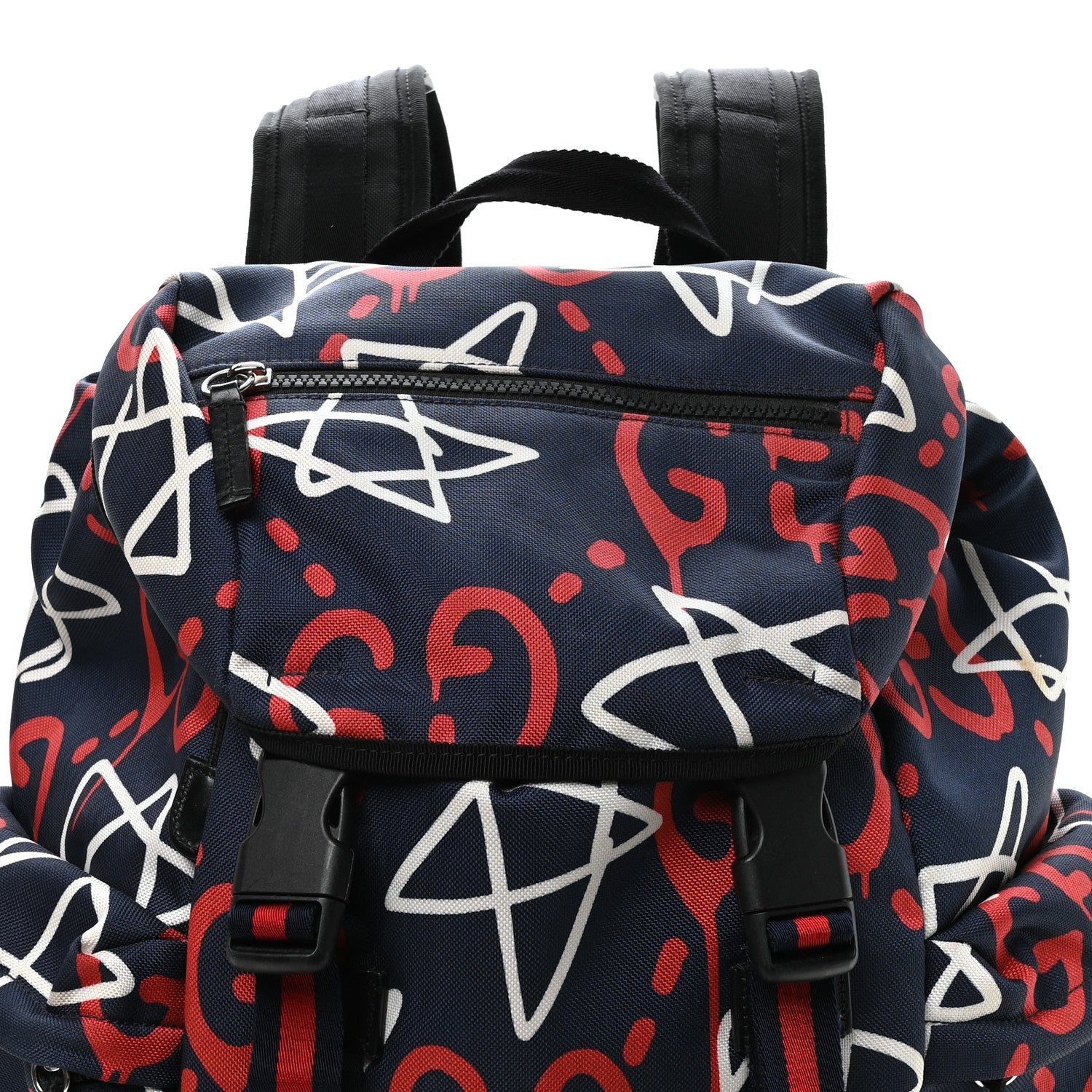 Techno Canvas GucciGhost Double Buckle Backpack Blue Agata Hibiscus Red