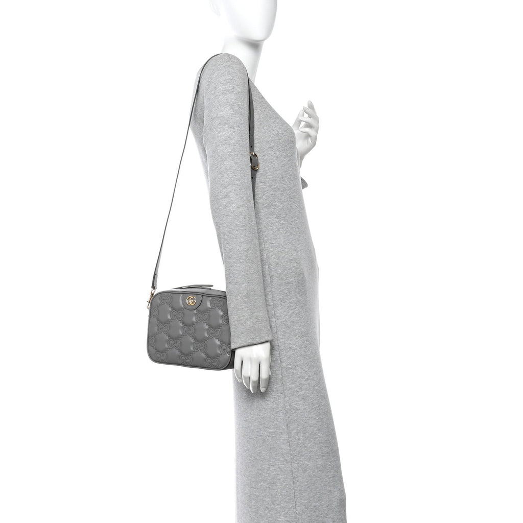 Calfskin GG Matelasse Shoulder Bag Dusty Grey Natural