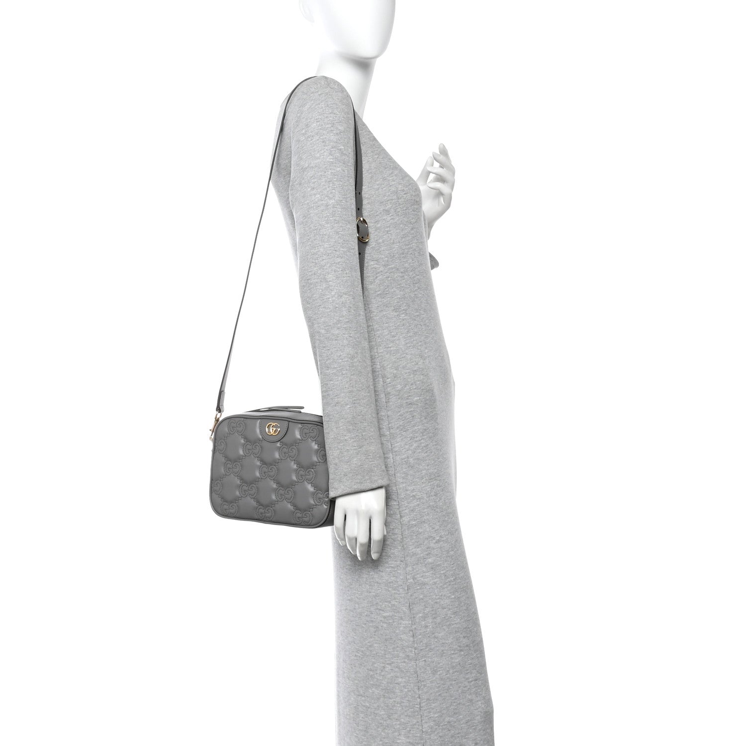 Calfskin GG Matelasse Shoulder Bag Dusty Grey Natural