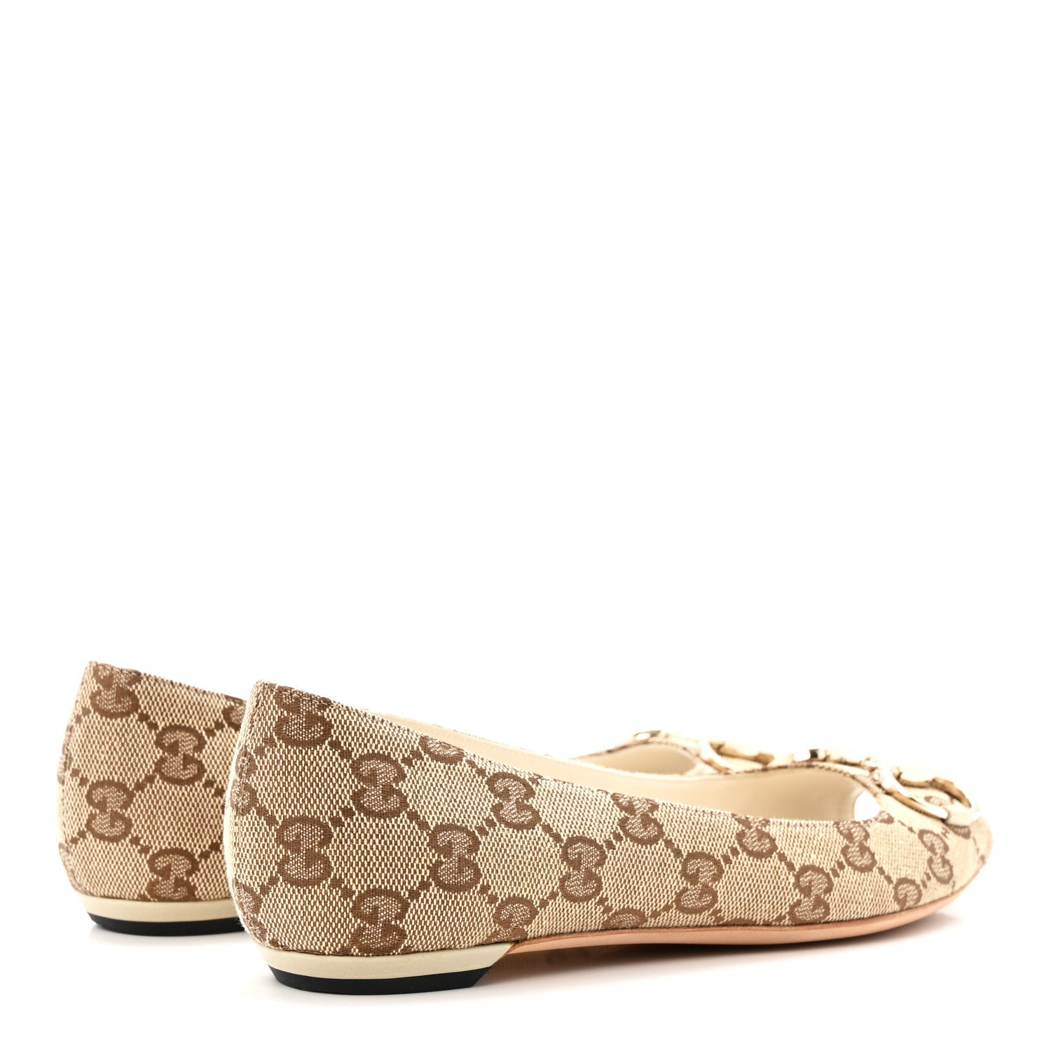 Monogram Miro Soft Calfskin Womens Horsebit Peep Toe Flats 6 Beige Ebony Mystic White