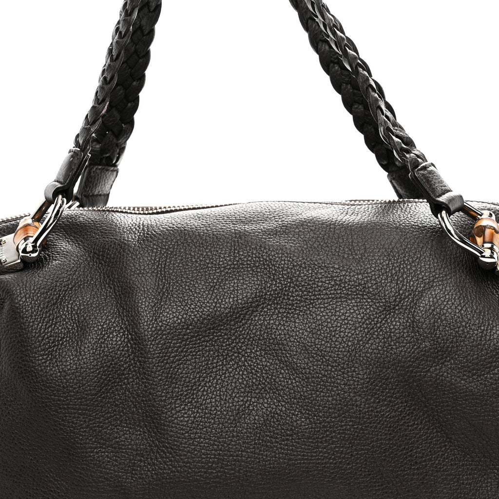 Pebbled Calfskin Large Bamboo Bar Tassel Shoulder Bag Dark Brown