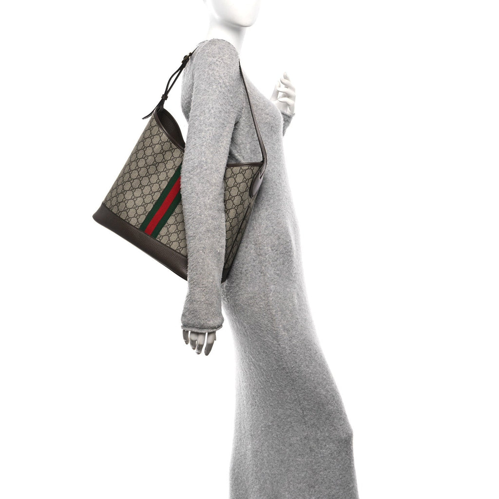 GG Supreme Monogram Textured Dollar Calfskin Web Large Ophidia Bucket Shoulder Bag Beige Ebony New Acero